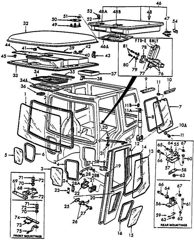 15C01 CAB FRONT & SIDE GLASS, DOORS, ROOF & MOUNTING PARTS 2600, 3600, 4100, 4600, 5600, 6600, 7600, 233, 333, 5700, 6700, 7700