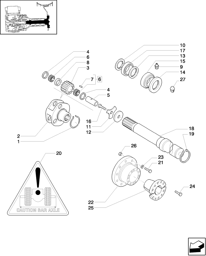 1.48.1/01(01) (VAR.181) BAR AXLE 119" FOR STEEL WHEELS & EXTREMITY LIGHTS - GEARS AND SHAFT