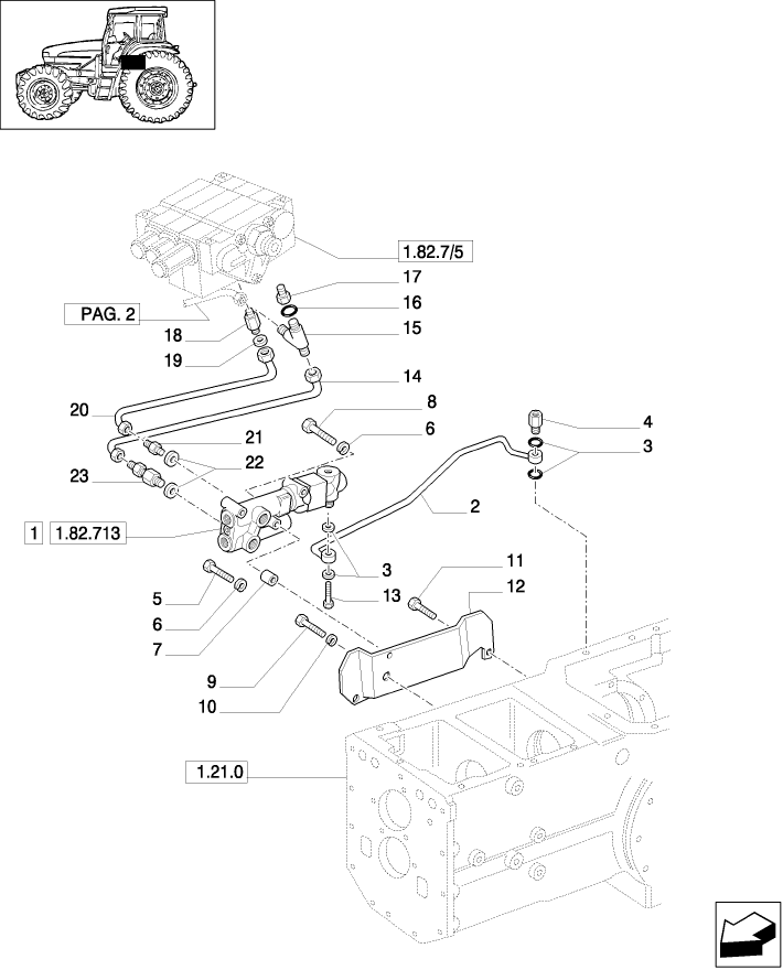 1.82.713/ 2(01) (VAR.374) TRAILER BRAKE VALVE (ITALY) (POWER-SHUTTLE) - PIPES, VALVE AND SUPPORT