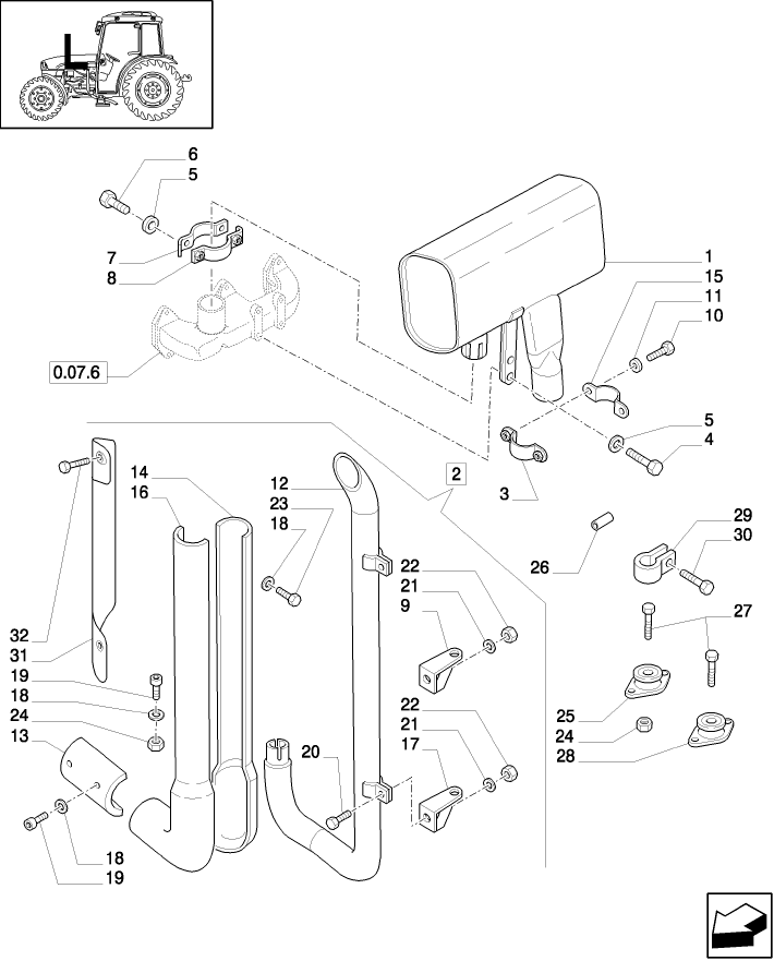 1.15.1/05(01) (VAR.503) "A" PILLAR TYPE VERTICAL W/EXHAUST GUARD SHIELD FOR CAB W/OPENING WINDSCREEN - SILENCER