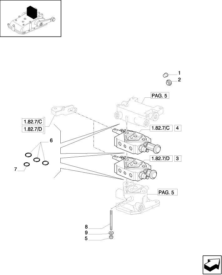 1.82.7/01(04) (VAR.821-832) ELECTRONIC LIFT (OPEN CENTER) - EXTRA EXTERNAL CONTROL VALVE AND PIPES, RINGS AND FORK - D5484