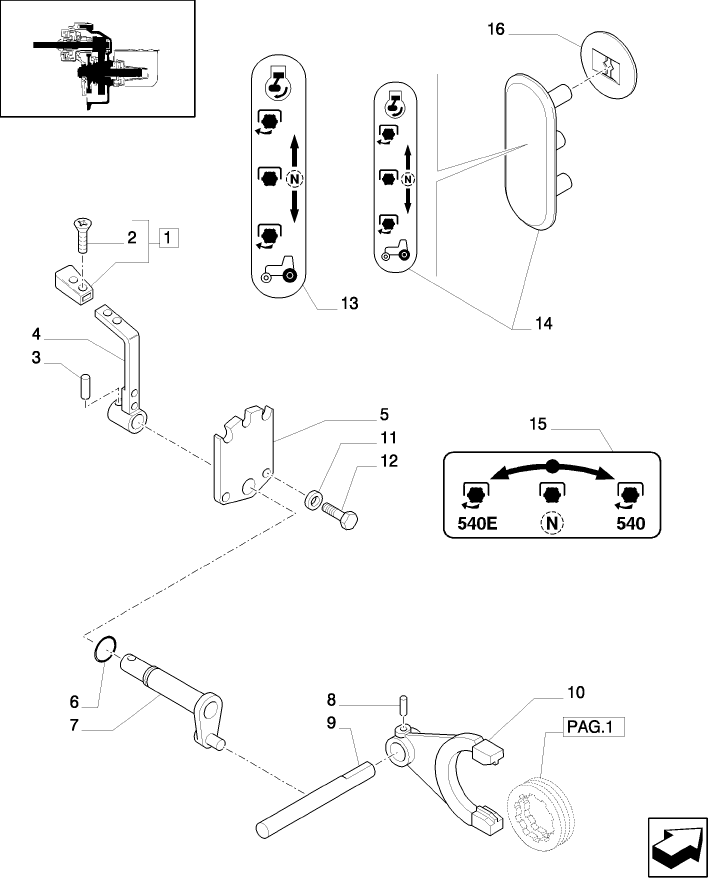 1.80.1/ 3(03) (VAR.804) SYNCHRO MESH GEARED POWER TAKE-OFF (540-750 RPM) - LEVER AND FORK