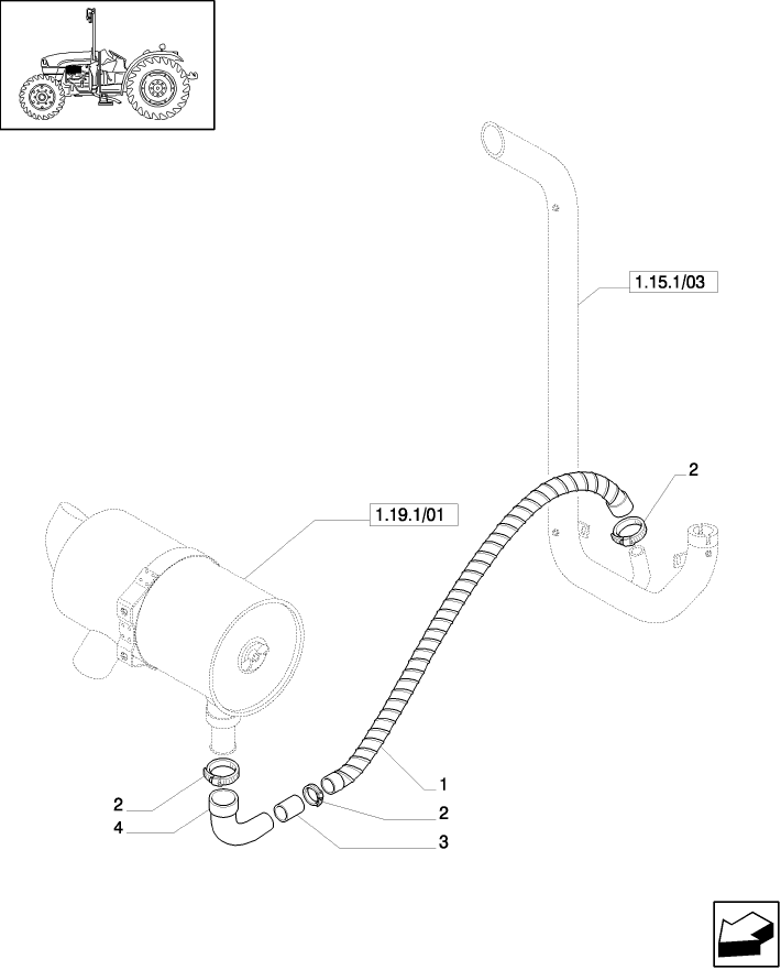 1.19.7/02(01A) (VAR.504) AIR FILTER DUST EJECTOR W/EXHAUST GUARD SHIELD FOR "A" PILLAR-AIR CLEANER PIPING - D5177