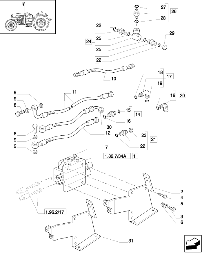 1.82.7/34 (VAR.221/1-633) 3 CONTROL VALVES WITH MECHANICAL JOYSTICK FOR LOADER (NAR) - CONTROL VALVE AND PIPES