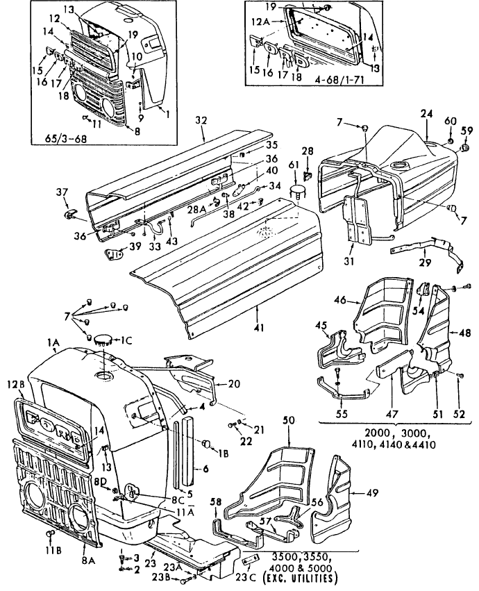 14B02 ENGINE HOOD, GRILLE & RELATED PARTS - 5100 GASOLINE & ALL DIESEL, EXCEPT 4200, 5200 & 7200