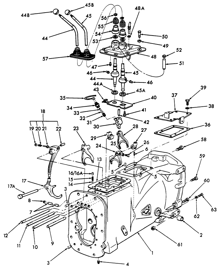 07A01 TRANSMISSION CASE, GEARSHIFT LEVERS & RELATED PARTS: 6 X 4 MANUAL REVERSE TRANMISSION, (7-87/11-88) - 455