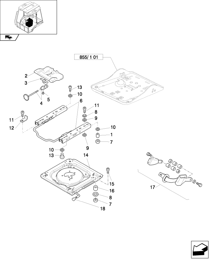 855/1(02) AIR RIDE CLOTH SEAT MOUNTING PLATE, ADJUSTING RAILS & SEAT BELT