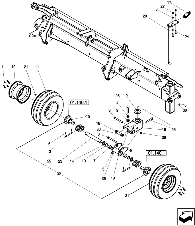 01.124.1 BEAM, RIGHT INNER WING CASTER AND TIRES