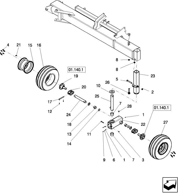 01.130.1 BEAM, OUTER WING CASTER AND TIRES